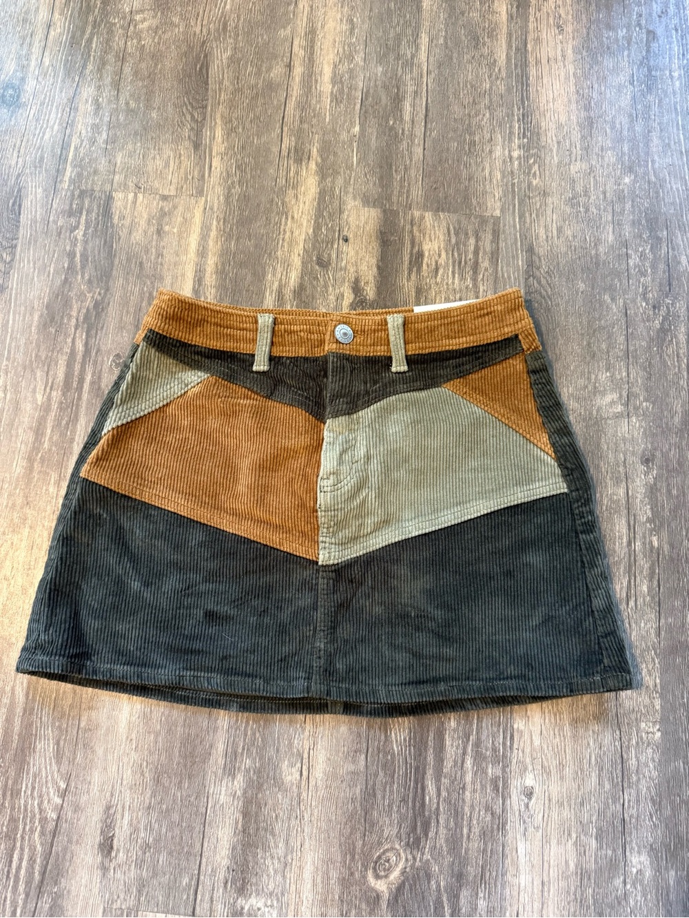 American Eagle Corduroy Patchwork Mini Skirt in Brown and Olive - Women